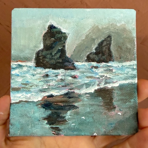 Original Coastal Rock Niniature Acrylic Canvas - Blue and Gray scale 4x4 in - Picture 2 of 4